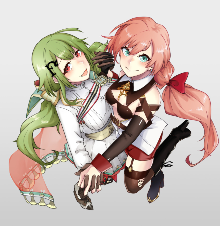 2girls alternate_costume aqua_eyes bangs black_footwear black_gloves blush boots breasts brown_gloves brown_legwear carcano_m1891_(girls'_frontline) closed_mouth eyebrows_visible_through_hair from_above garter_straps girls'_frontline gloves green_hair grey_background hair_ornament hair_ribbon hairclip highres holding_hands long_hair looking_at_viewer medium_breasts military military_uniform mk48_(girls'_frontline) multiple_girls nakiusagi open_mouth pink_hair red_eyes red_shorts ribbon shorts single_glove smile standing standing_on_one_leg thighhighs uniform white_uniform