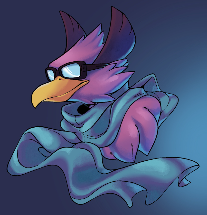 2021 anthro avian beak bird blue_background blue_scarf bust_portrait cynicallysly digital_media_(artwork) eyewear fur glasses hi_res male portrait purple_body purple_fur rivals_of_aether scarf side_view simple_background solo video_games wrastor yellow_beak