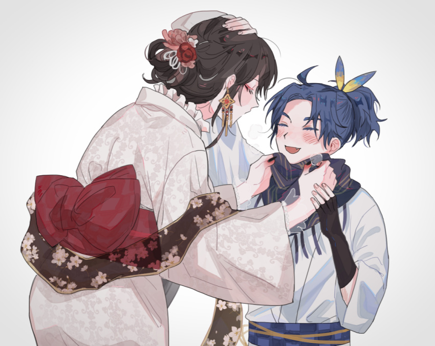 age_difference black_hair blush breasts couple eyeshadow female_saniwa_(touken_ranbu) hime_cut japanese_clothes kimono large_breasts makeup mature_female miko non-web_source onee-shota saniwa_(touken_ranbu) taikogane_sadamune touken_ranbu yukata