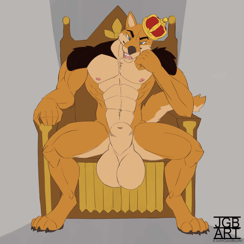 absurd_res animal_genitalia balls canid canine canis chair crown furniture genitals hi_res hyper justagoodboy king macro male mammal royalty sheath throne wolf