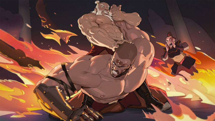 3boys abs avatar:_the_last_airbender avatar_(series) bara beard belt biceps black_eyes combustion_man_(avatar) facial_hair fighting fire highres iroh large_pectorals locked_arms long_hair male_focus manly mature_male military military_uniform multiple_boys muscular muscular_male nipples one_eye_closed pants pectorals ponytail prosthesis prosthetic_arm scar scar_on_face shaved_head skirt tangbingla tattoo thick_arms topless topless_male uniform wrestling zuko