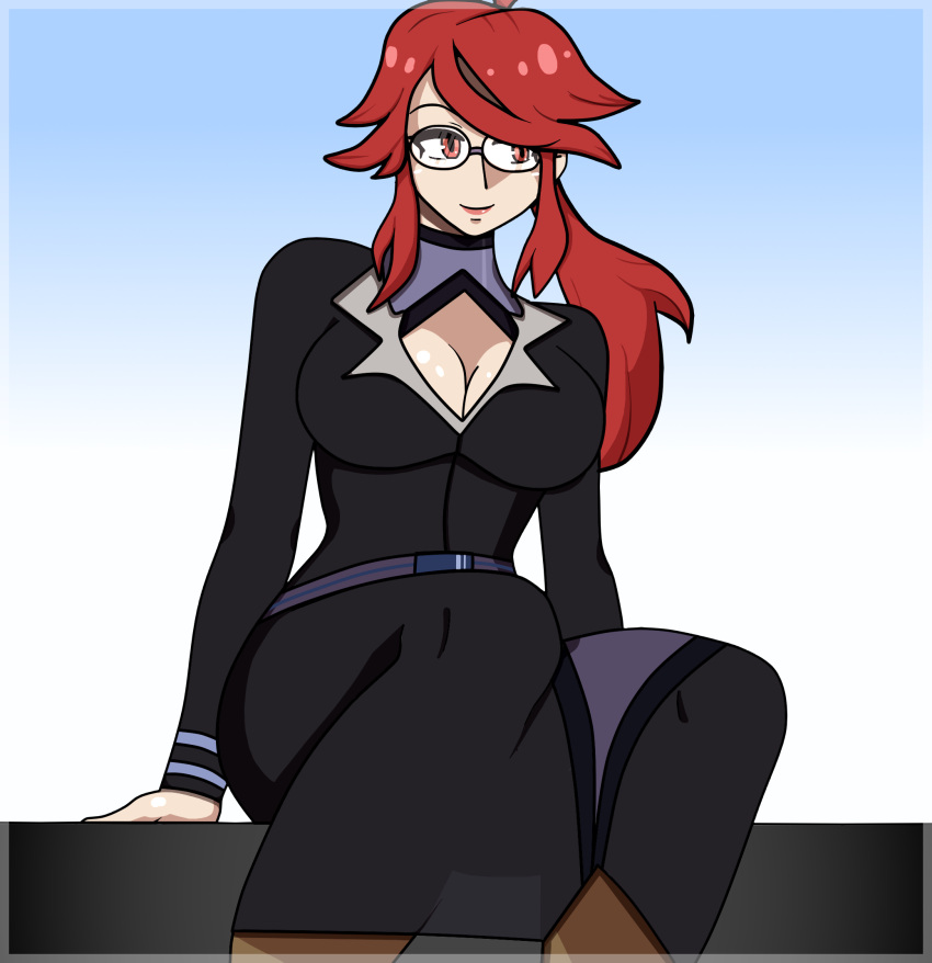 1girl black_jacket breasts cleavage cleavage_cutout clothing_cutout formal glasses highres jacket lorelei_(pokemon) pantyhose pokemon pokemon_(game) pokemon_lgpe ponytail red_eyes red_hair side_slit sidelocks solo suit turtleneck universal-kun_(m_ukkiw)