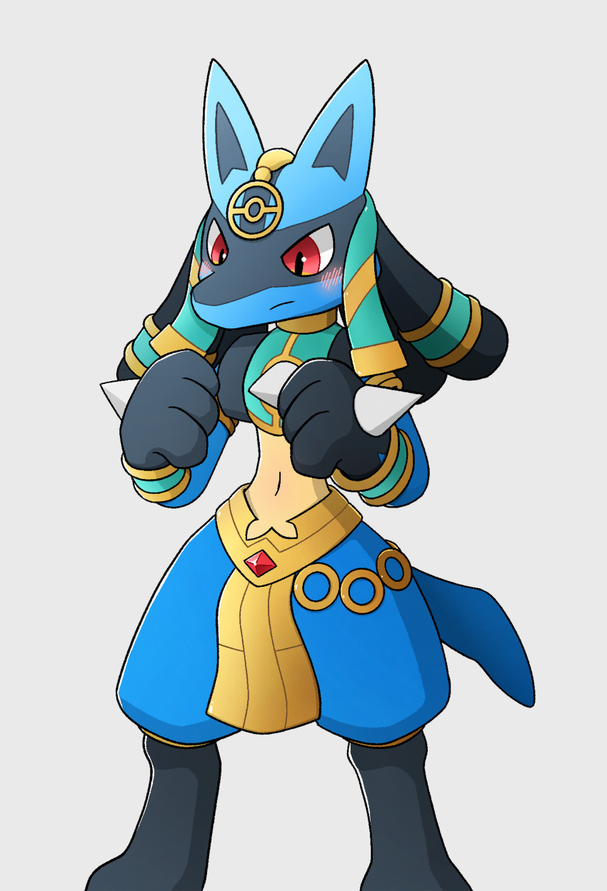 absurd_res ambiguous_gender anthro blue_body blue_fur blush canid canine clothed clothing egyptian_clothing fighting_pose fur hi_res lucario mammal nintendo ohmynoh pok&eacute;mon pok&eacute;mon_(species) pokemon_unite pose red_eyes ruins_style_lucario simple_background solo video_games
