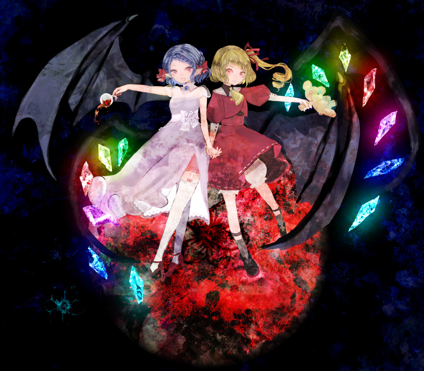 2girls :d alcohol alternate_costume ascot bat_wings black_footwear blonde_hair bloomers blue_hair bow braid brooch closed_mouth collar commentary crystal cup dress drinking_glass fang fingernails flandre_scarlet flower frilled_collar frills full_body glowing grey_legwear hair_bow hair_ribbon high_heels highres holding holding_cup holding_hands holding_stuffed_toy interlocked_fingers jewelry looking_at_viewer multiple_girls nail_polish no_hat no_headwear off-shoulder_dress off_shoulder one_side_up open_mouth pink_bloomers pointy_ears puffy_short_sleeves puffy_sleeves purple_dress red_bow red_eyes red_footwear red_nails red_ribbon red_skirt red_vest remilia_scarlet ribbon rose sano_naoi shoes short_hair short_sleeves siblings sisters skin_fang skirt skirt_set sleeve_cuffs slit_pupils smile socks spilling stuffed_animal stuffed_toy teddy_bear thighhighs touhou underwear vest white_bloomers white_legwear wine wine_glass wings yellow_ascot