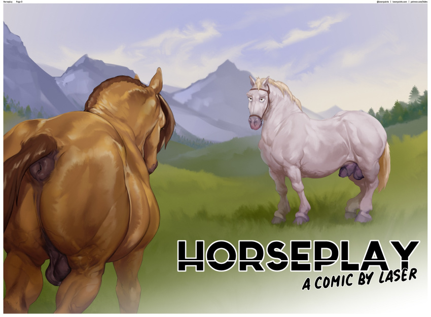 anus backsack balls butt detailed_background duo english_text equid equine eyebrows feral genitals hi_res hooves horse laser_(artist) male mammal mountain outside text url