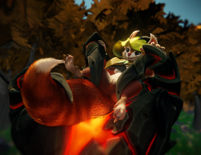 3d_(artwork) 4_fingers ano_delta anthro butt cape claws clothing digital_media_(artwork) dota female fingers fur genitals hi_res hood hoodwink_(dota) lying mammal on_back on_hand outside plant pussy red_body red_fur rodent sciurid size_difference solo tail_tuft tree tree_squirrel tuft video_games white_body wood
