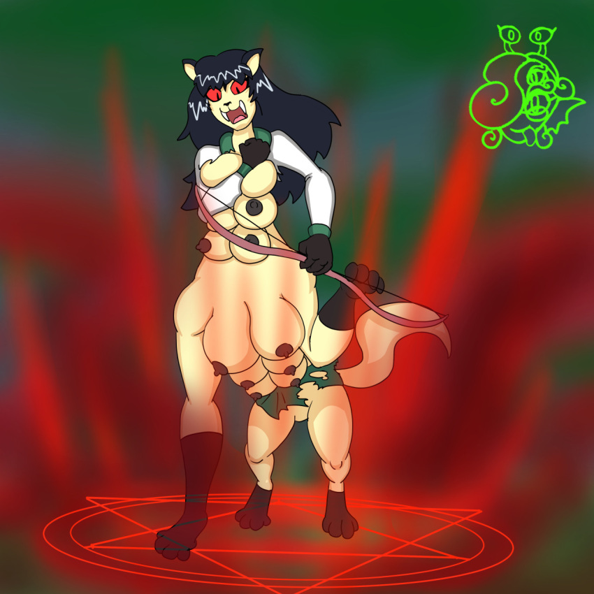 12_breasts asian_mythology black_hair bow_(weapon) domestic_cat east_asian_mythology felid feline felis female hair hi_res inuyasha japanese_mythology kagome_higurashi mammal mutagenica mythology nekomata pentagram ranged_weapon red_eyes solo summoning_circle taur transformation weapon yōkai