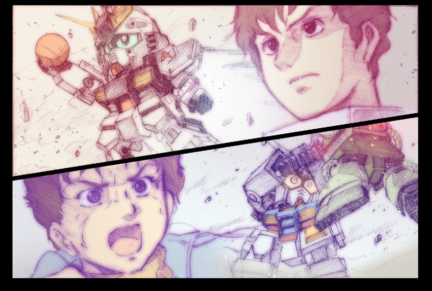 1boy amuro_ray black_eyes brown_hair char's_counterattack check_commentary chibi commentary_request curly_hair green_eyes gundam highres holding mecha mobile_suit mobile_suit_gundam multiple_views nakanishi_tatsurou nu_gundam rx-78-2 sd_gundam short_hair v-fin yellow_eyes younger zaku_ii