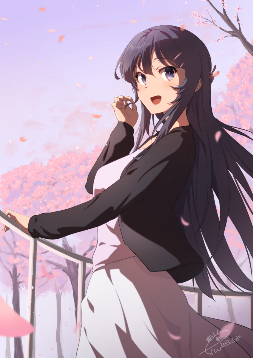 1girl :d bangs black_hair black_jacket blue_eyes cherry_blossoms commentary_request dated dress eyebrows_visible_through_hair from_side hair_ornament hairclip hand_on_railing highres jacket long_hair long_sleeves looking_back petals playing_with_own_hair railing raiz_art_works sakurajima_mai seishun_buta_yarou signature smile solo white_dress