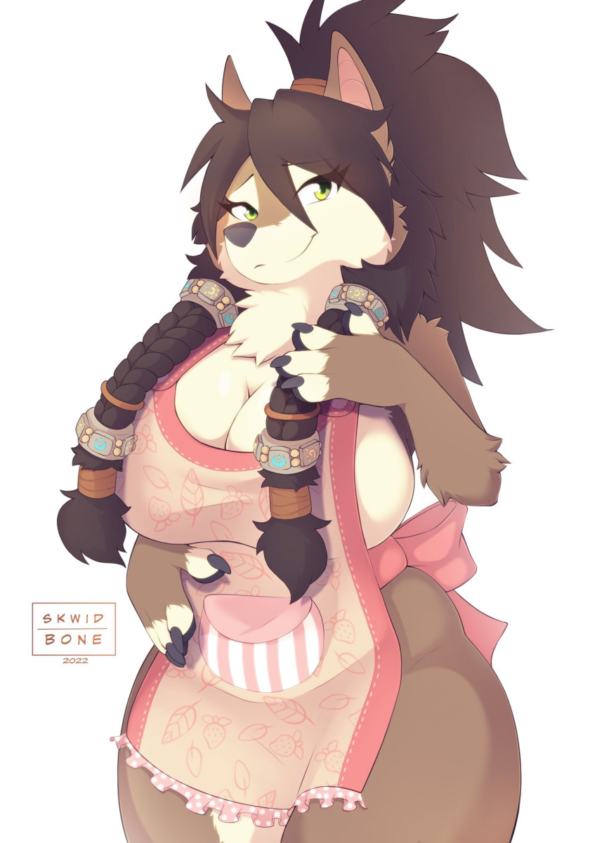 accessory anthro apron apron_only bangs big_breasts blizzard_entertainment blush bow bow_accessory braided_hair breasts brown_body brown_fur brown_hair butt canid canine canis claws clothed clothing dark_brown_hair digital_drawing_(artwork) digital_media_(artwork) drawing ears_up english_text eyebrows eyelashes female fingers fluffy fur hair hair_accessory hairband hi_res huge_breasts light_brown_fur long_hair looking_at_viewer mammal markings mature_anthro mature_female mombod mostly_nude motherly neck_tuft pink_clothing ponytail side_bangs simple_background skwidbone smile smiling_at_viewer solo tan_body tan_fur text thick_thighs tuft video_games warcraft were werecanid wide_hips wolf worgen yellow_eyes ylenniara_winterleaf