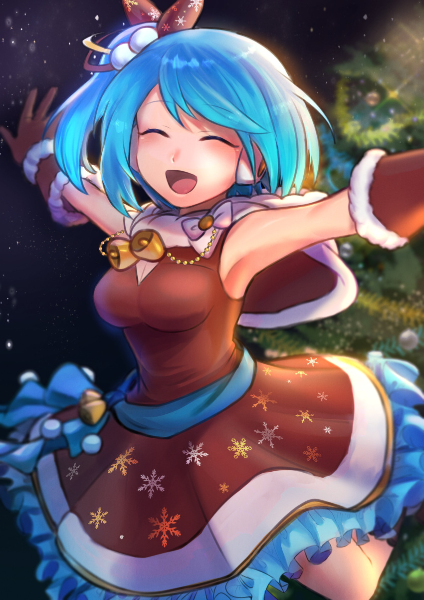 1girl absurdres android armpits bangs breasts christmas christmas_tree closed_eyes gloves highres long_hair medium_breasts mega_man_x_dive official_alternate_costume open_mouth rico_(mega_man) smile solo terotero00