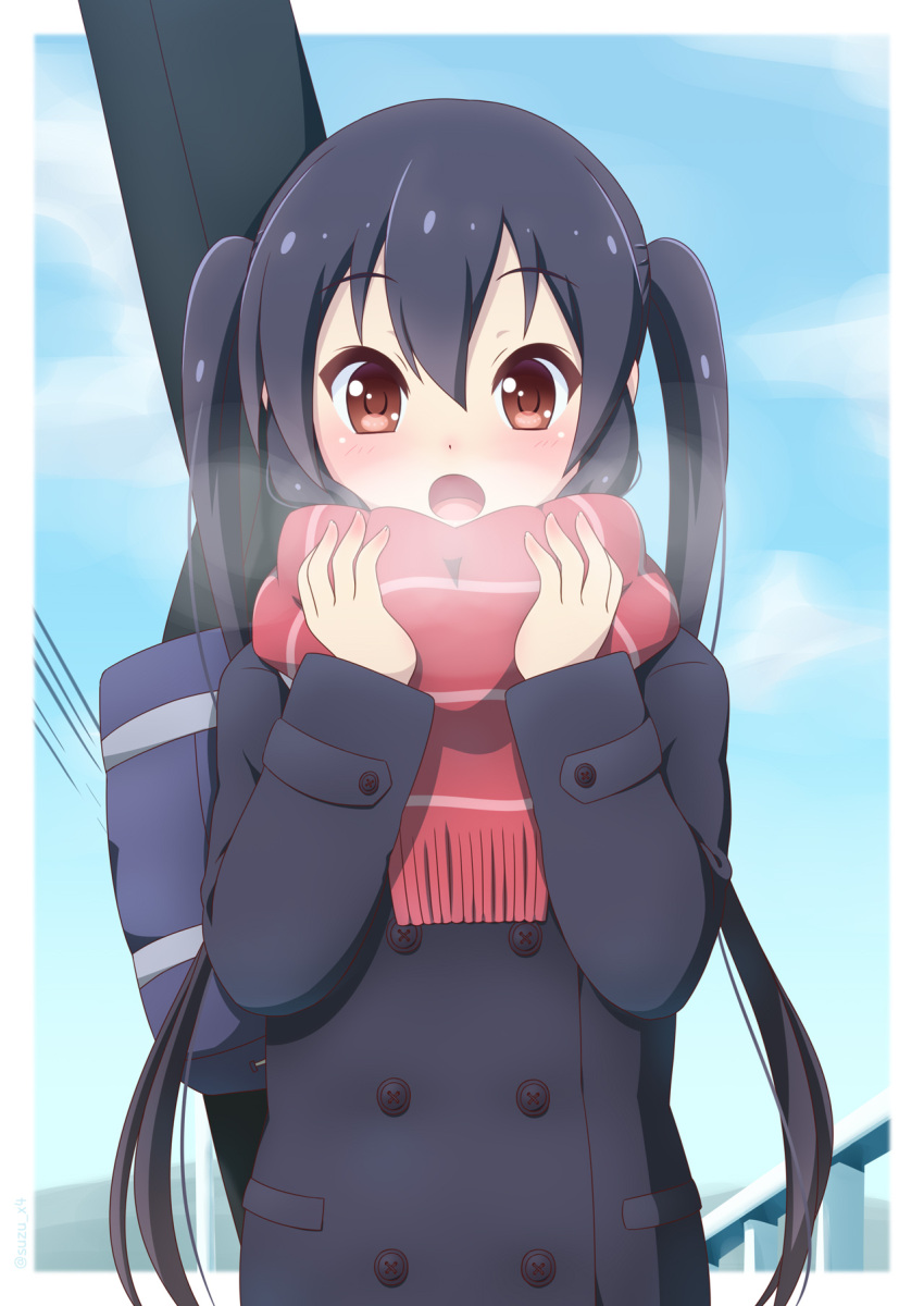 1girl bag bangs black_coat black_hair blue_sky blush border breath brown_eyes buttons cloud coat commentary_request eyebrows_visible_through_hair hair_between_eyes highres holding holding_bag k-on! long_hair long_sleeves nakano_azusa open_mouth outdoors red_scarf scarf school_bag shiny shiny_hair sky solo twintails white_border yosuzu