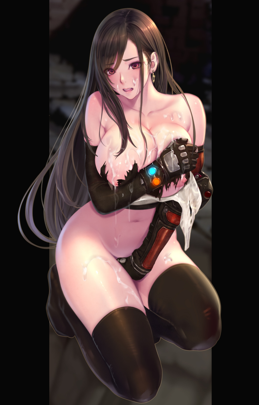 1girl absurdres bangs bare_shoulders black_gloves black_hair black_legwear breasts circle_hitori collarbone covering covering_breasts covering_crotch crop_top cum cum_on_body dangle_earrings earrings elbow_gloves elbow_pads eyebrows_visible_through_hair facial final_fantasy final_fantasy_vii final_fantasy_vii_remake full_body gauntlets gloves groin hair_between_eyes highres jewelry kneeling large_breasts long_hair looking_at_viewer low-tied_long_hair materia navel nipples no_shoes open_mouth pillarboxed red_eyes shiny shiny_skin shirt sidelocks skindentation solo stomach tank_top tearing_up tears teeth thighhighs tifa_lockhart torn_clothes torn_shirt upper_teeth white_tank_top