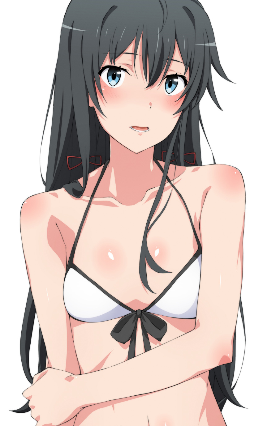 1girl absurdres bangs bare_shoulders bikini black_hair blue_eyes blush bow breasts front-tie_bikini front-tie_top hair_bow highres long_hair navel shou937 small_breasts solo standing swimsuit white_background white_bikini yahari_ore_no_seishun_lovecome_wa_machigatteiru. yukinoshita_yukino