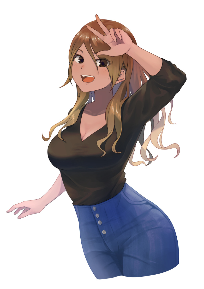 1girl arm_up bangs black_eyes blonde_hair blush breasts brown_hair cleavage cowboy_shot denim gradient_hair gyaru high-waist_pants highres idolmaster idolmaster_shiny_colors izumi_mei jeans large_breasts long_hair long_sleeves looking_at_viewer multicolored_hair painapo pants simple_background smile solo tan teeth upper_teeth v v-neck white_background