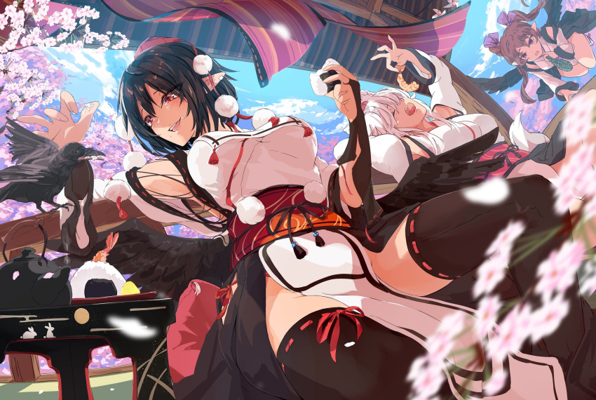 3girls animal_ears bird bird_wings black_hair black_legwear black_skirt black_wings blue_sky breasts brown_hair cloud cloudy_sky crow detached_sleeves hat highres himekaidou_hatate inubashiri_momiji japanese_clothes kagami_toufu large_breasts long_hair multiple_girls open_mouth outdoors pointy_ears pom_pom_(clothes) red_eyes ribbon ribbon-trimmed_legwear ribbon_trim shameimaru_aya shirt short_hair short_sleeves skirt sky sleeveless sleeveless_shirt tengu tokin_hat touhou twintails white_hair white_shirt wings wolf_ears wolf_girl