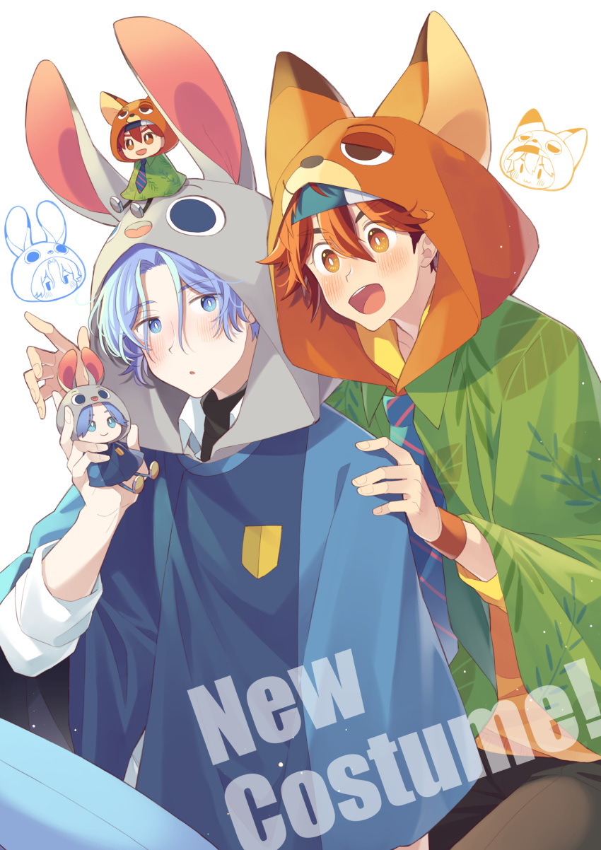 2boys animal_costume blue_eyes blue_hair bunny_costume fox_costume green_shirt hair_between_eyes hasegawa_langa highres kyan_reki looking_at_viewer male_focus messy_hair multiple_boys necktie open_mouth orange_eyes pants red_hair shirt short_hair sk8_the_infinity smile tagme upper_body uppi white_background zootopia