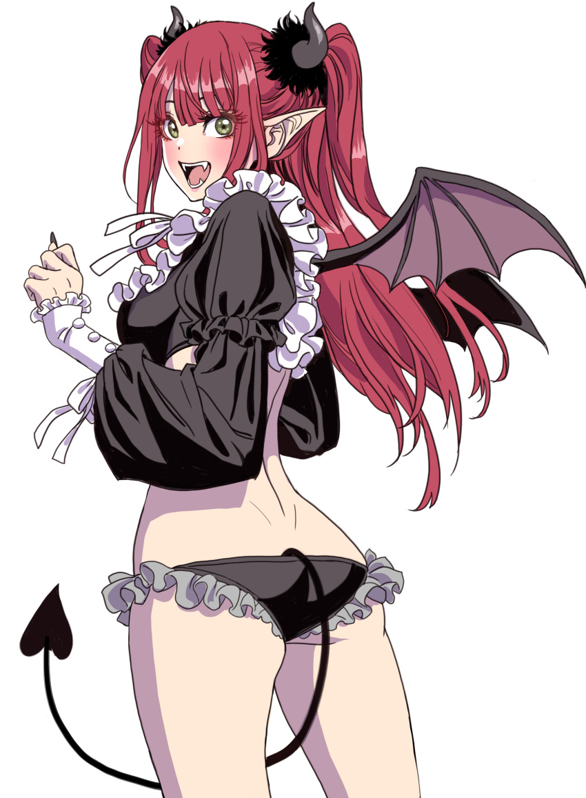 1girl absurdres ass blush breasts commentary_request demon_girl demon_horns demon_tail detached_sleeves fangs fingernails frilled_panties frills from_behind green_eyes highres horns kitagawa_marin lips long_sleeves looking_at_viewer looking_back medium_breasts midriff mini_wings nail_polish open_mouth panties pointy_ears puffy_sleeves red_hair rizu-kyun shiny shiny_hair simple_background smile solo sono_bisque_doll_wa_koi_wo_suru tail thighs tied_hair underwear white_background wings yamashita_shun'ya