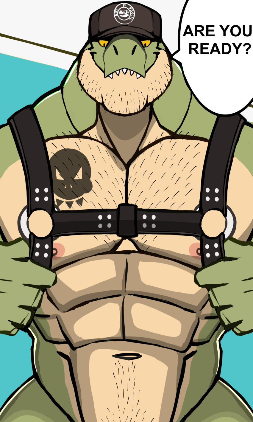abs absurd_res anthro body_hair chest_hair clothing darknaigart dialogue dinosaur green_body hat headgear headwear hi_res jace_(darknaig) leather_daddy leather_gear looking_down male muscular muscular_anthro muscular_male nipples pecs reptile scalie shaved solo tattoo teeth theropod tyrannosaurid tyrannosaurus tyrannosaurus_rex