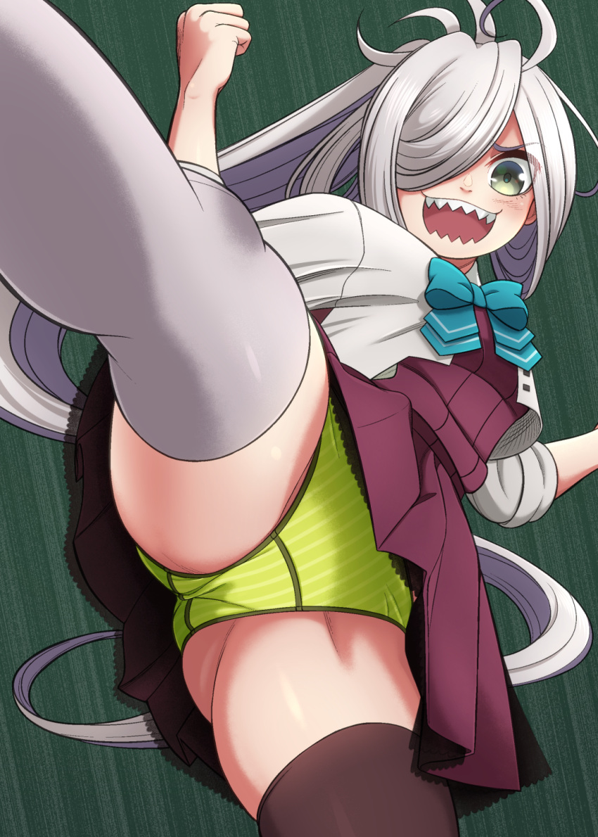 1girl asashimo_(kancolle) asashimo_kai_ni_(kancolle) asymmetrical_legwear brown_legwear clenched_hand dress green_background green_eyes grey_hair grey_legwear hair_over_one_eye highres jougenmushi kantai_collection long_hair mismatched_legwear open_mouth panties pantyshot ponytail sharp_teeth short_dress smile speed_lines striped striped_panties teeth thighhighs underwear