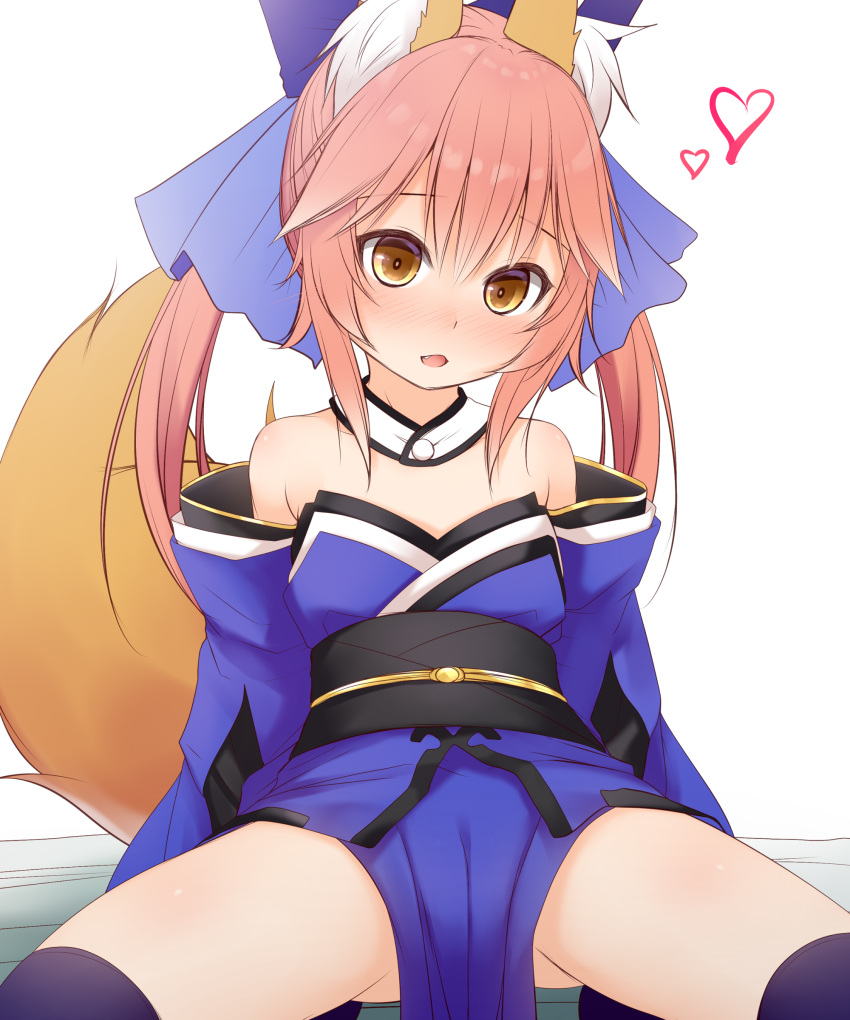 1girl :d absurdres animal_ear_fluff animal_ears ass_visible_through_thighs bare_shoulders black_legwear blue_bow blue_kimono blush bow brown_eyes commentary_request detached_collar detached_sleeves fang fate/extra fate_(series) fox_ears fox_girl fox_tail hair_bow haryuu_(poetto) heart highres japanese_clothes kimono large_bow long_hair long_sleeves looking_at_viewer no_panties obi open_mouth pelvic_curtain pink_hair sash simple_background sitting smile solo spread_legs squatting tail tamamo_(fate) tamamo_no_mae_(fate/extra) thighhighs twintails white_background younger