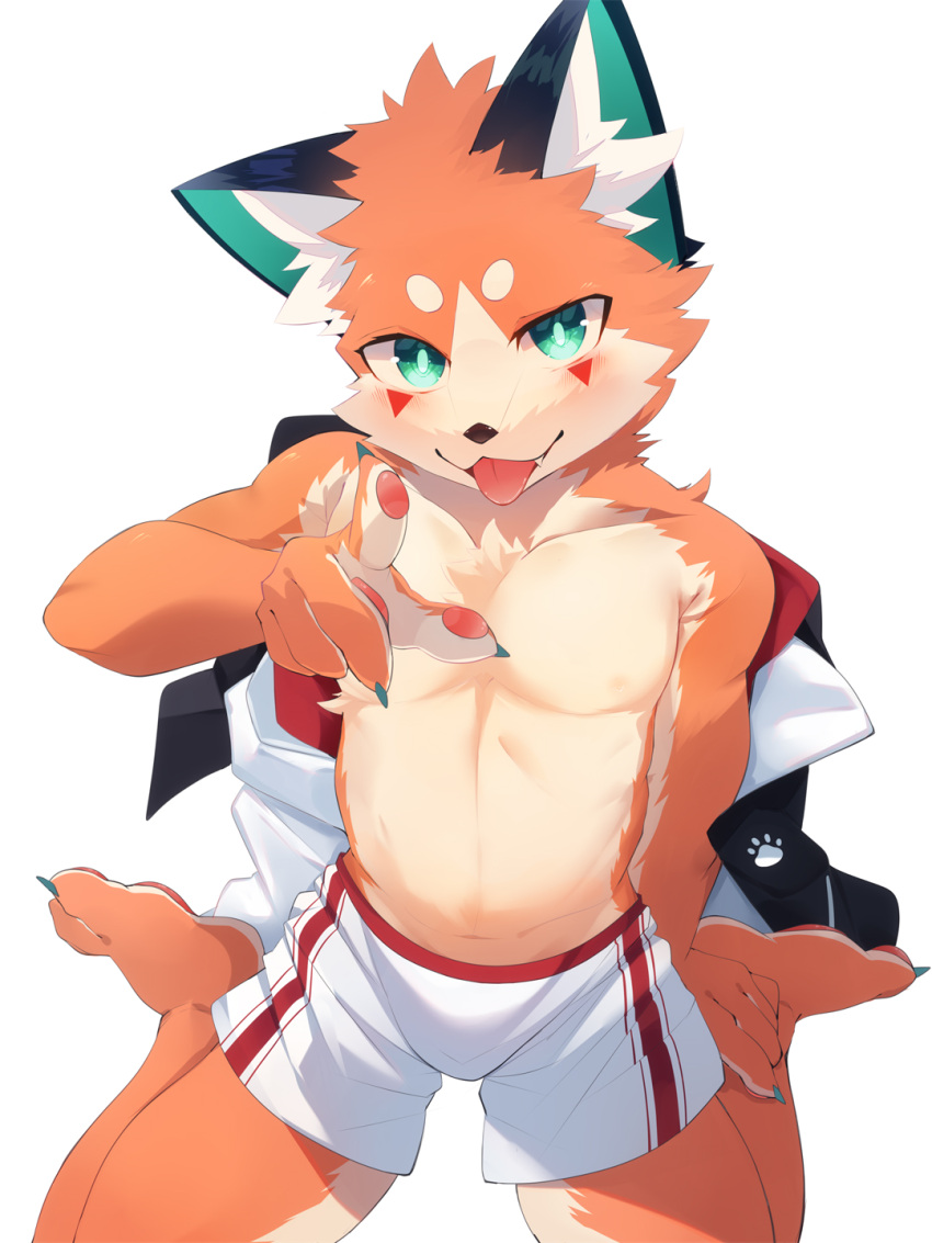 2022 3:4 5_fingers anthro blush bottomwear canid canine cheek_tuft chest_tuft claws clothed clothing facial_tuft finger_claws fingers fox foxy_(nekojita) fur green_eyes head_tuft hi_res inner_ear_fluff jacket kemono kneeling looking_at_viewer male mammal nekojita orange_body orange_fur pawpads pink_pawpads shaded shorts simple_background solo tan_body tan_fur toe_claws topless topless_anthro topless_male topwear tuft white_background