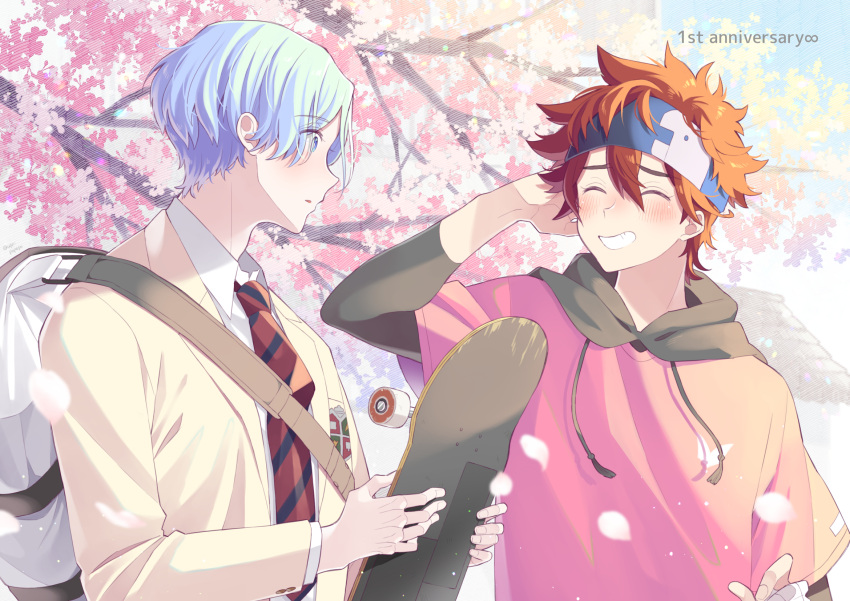 2boys anniversary bag blue_eyes blue_hair cherry_blossoms closed_eyes hair_between_eyes hasegawa_langa headband highres hood hoodie kyan_reki looking_at_viewer male_focus messy_hair multiple_boys necktie open_mouth red_hair shirt short_hair shoulder_bag sk8_the_infinity skateboard smile teeth upper_body uppi