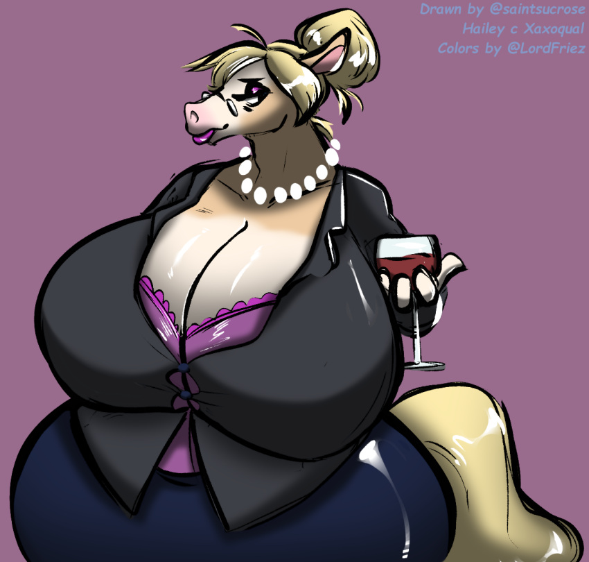 anthro beverage breasts cleavage clothed clothing equid equine eyewear female glasses horse mammal saintsucrose solo