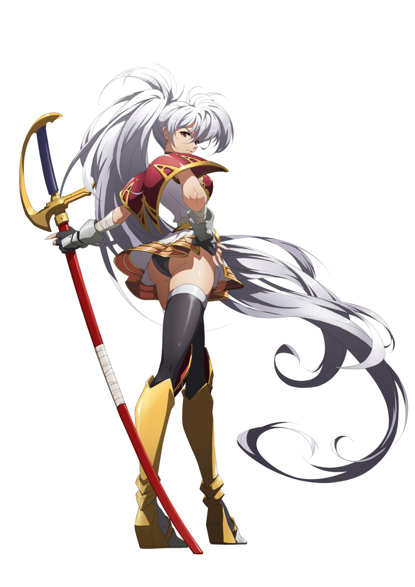 1girl absurdly_long_hair absurdres armor armored_boots ass bangs black_panties boots fingerless_gloves full_body gloves high_ponytail highres holding holding_sword holding_weapon langrisser langrisser_iii langrisser_mobile long_hair luna_(langrisser) official_art panties pauldrons photoshop_(medium) red_eyes sheath sheathed shoulder_armor simple_background smile standing sword thighhighs underwear very_long_hair weapon white_background white_hair