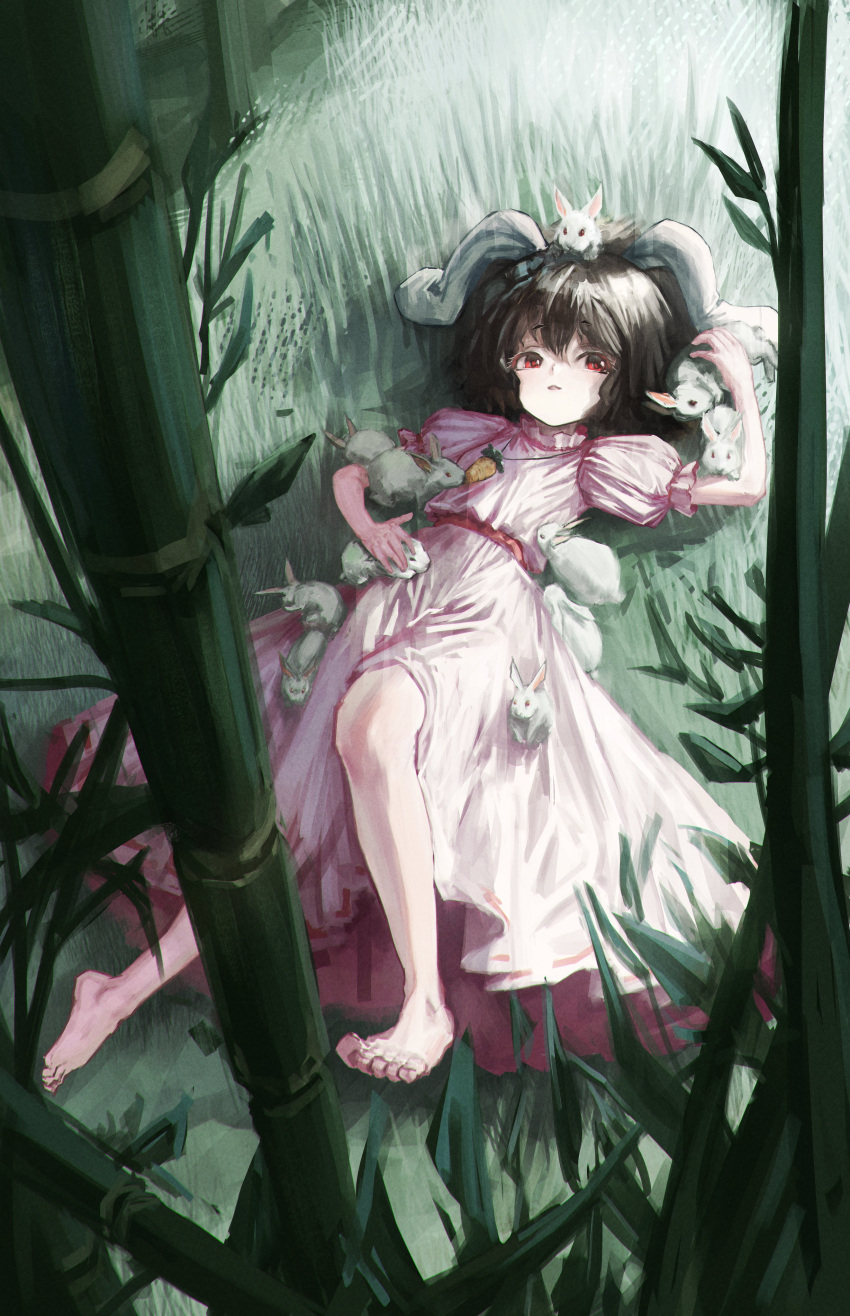 1girl absurdres animal_ears bamboo barefoot black_hair bunny carrot carrot_necklace dress forest frilled_dress frilled_sleeves frills grass highres inaba_tewi looking_at_viewer nature nepperoni pink_dress puffy_short_sleeves puffy_sleeves rabbit_ears rabbit_tail red_eyes ribbon-trimmed_dress short_hair short_sleeves skirt smile solo tail touhou wavy_hair