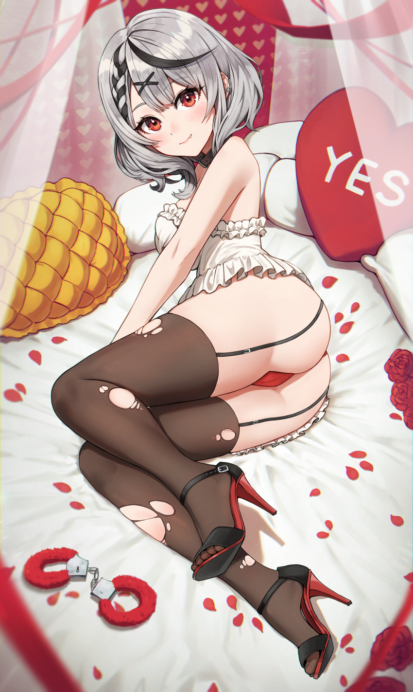 1girl absurdres ass bangs bed bed_sheet black_hair black_legwear blush braid breasts cameltoe camisole closed_mouth curtains cushion fang flower frilled_shirt frills from_above full_body fuzzy_handcuffs garter_straps grey_hair hair_ornament high_heels highres hololive looking_at_viewer lying matmaj medium_breasts medium_hair multicolored_hair on_bed on_side panties petals pillow red_eyes red_flower red_footwear red_panties red_rose rose sakamata_chloe shirt silver_hair solo streaked_hair thighhighs torn_clothes torn_legwear underwear virtual_youtuber white_camisole x_hair_ornament yes-no_pillow
