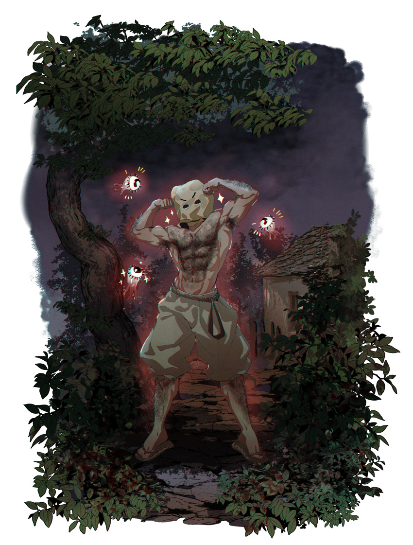 1boy absurdres arms_up bag_over_head bara bugie commission commissioner_upload covered_face flexing fog full_body hairy highres large_pectorals leaf male_focus night non-web_source original pectorals pose sandals solo sparkle standing topless_male tree
