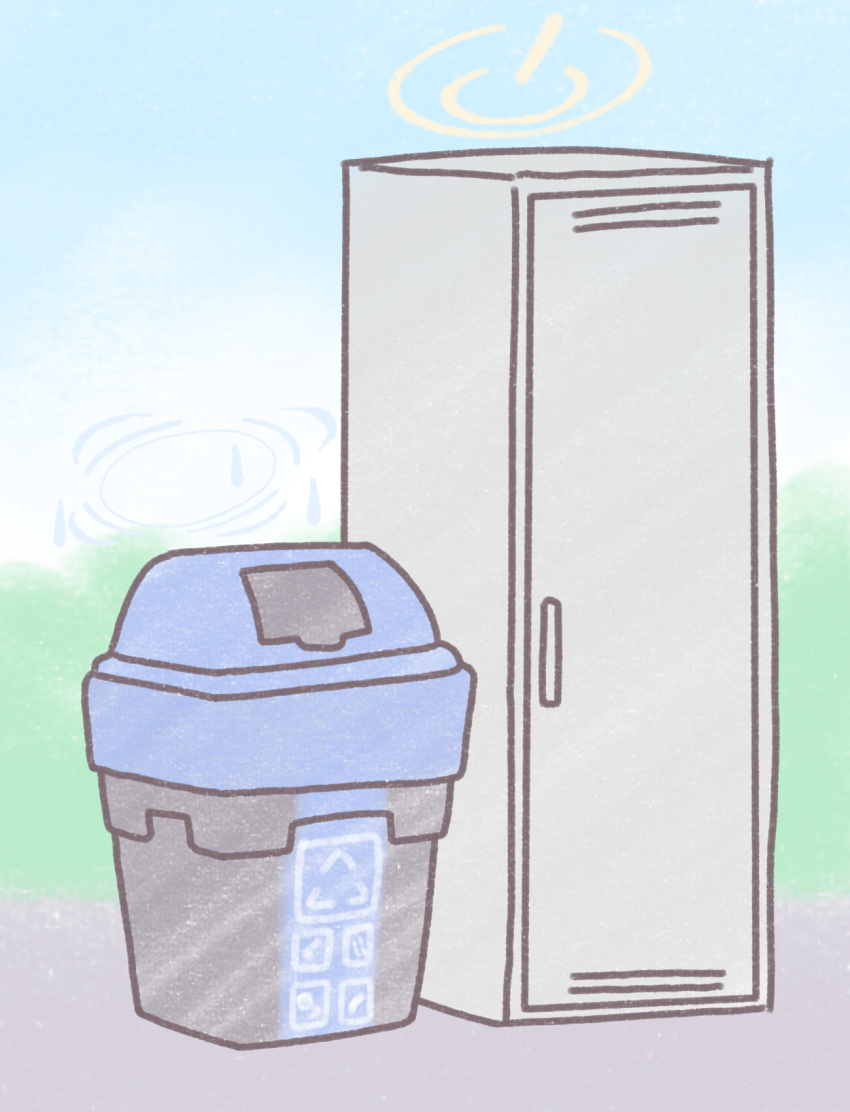 blue_archive blue_background character_request commentary_request door floor full_body halo highres locker midorino_eni no_humans pavement recycle_bin simple_background trash_can yuzu_(blue_archive)