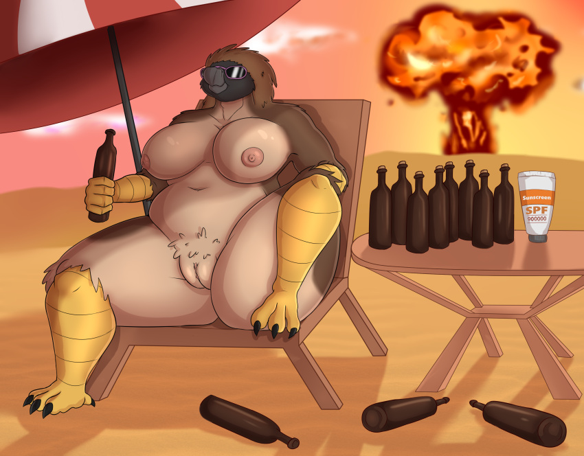 absurd_res accipitrid accipitriform alcohol anthro aquas_sirenix avian beverage big_breasts bird bottle breasts claws cleft_of_venus cloud eagle eyewear female hi_res imminent_death mushroom_cloud nude philippine_eagle pirate_eagle pubes sand sitting slightly_chubby smile solo sun_cream sunbathing sunglasses talons wide_hips
