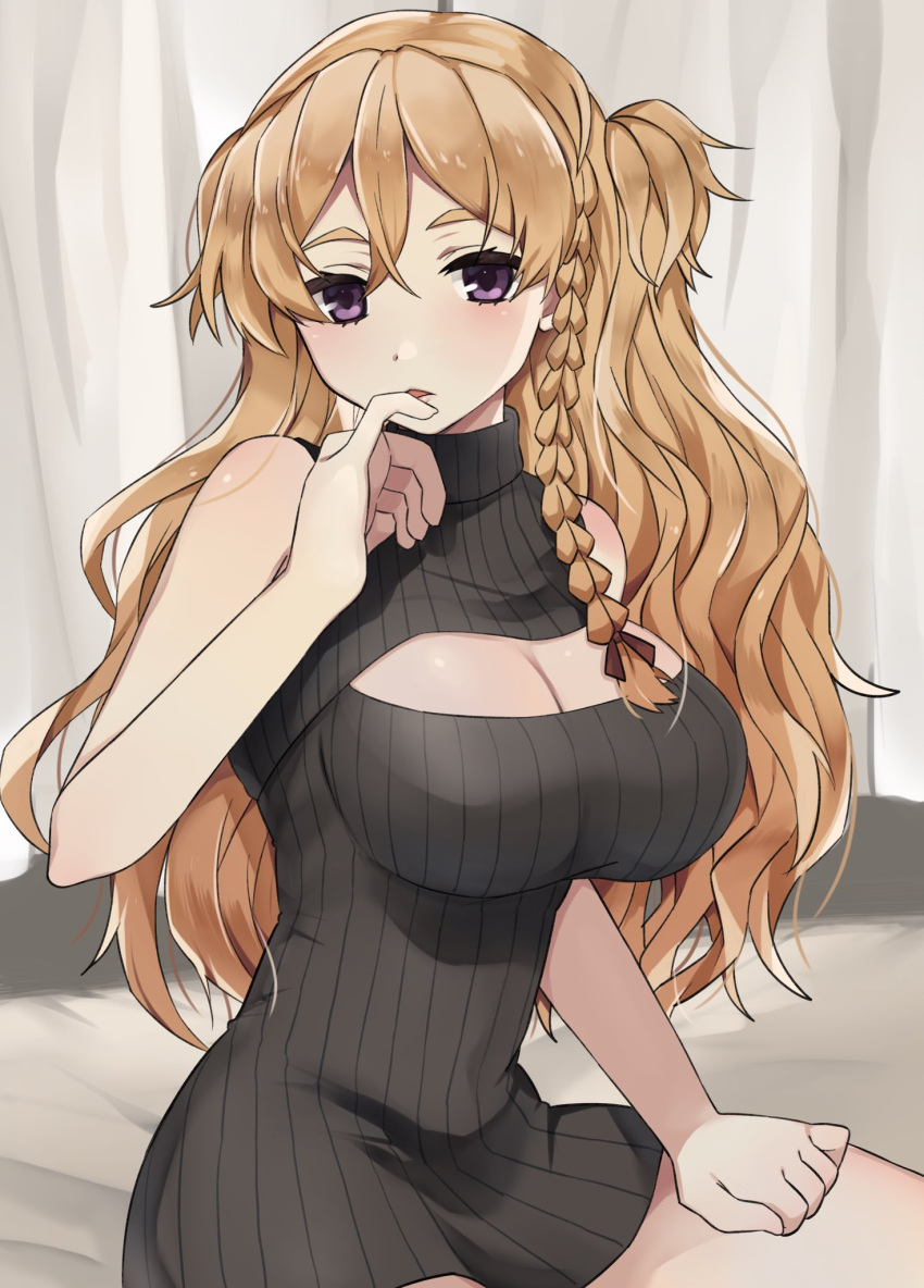 1girl alternate_costume bed_sheet black_sweater blush braid breasts cleavage commission hair_between_eyes highres kantai_collection large_breasts light_brown_hair long_hair open_mouth purple_eyes ribbed_sweater skeb_commission sleeveless sleeveless_sweater solo sweater toriniku_senshi_chikinman wavy_hair zara_(kancolle)