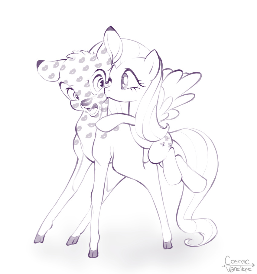 absurd_res annoyed anthro bambi bambi_(film) cervid cosmicvanellope disney duo equid equine female feral fluttershy_(mlp) friendship_is_magic hi_res kiss_mark kissing male male/female mammal my_little_pony pegasus wings young