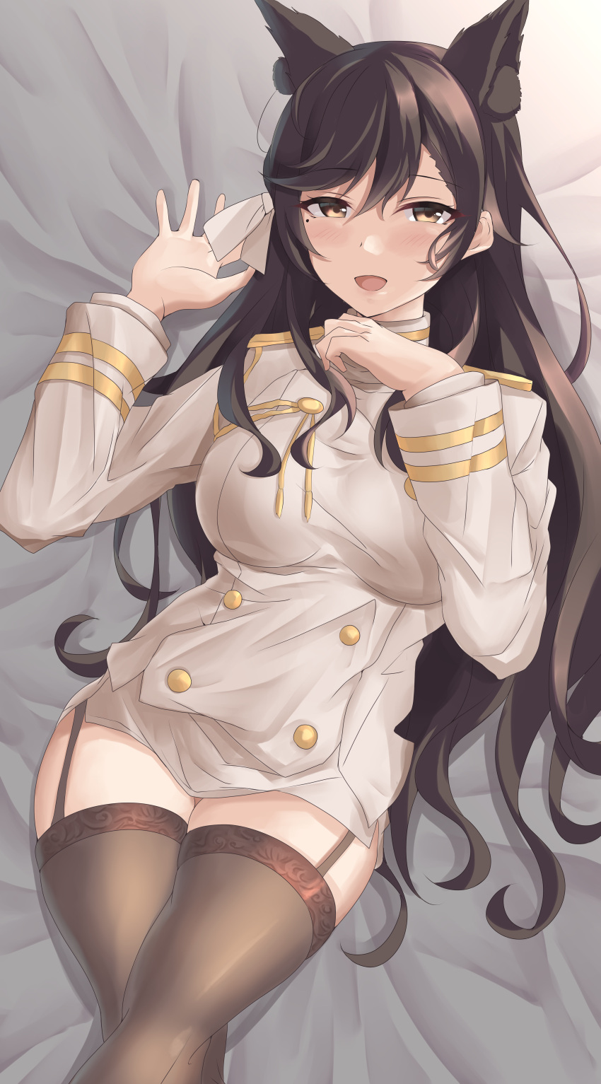 1girl absurdres animal_ears atago_(azur_lane) azur_lane black_hair black_legwear blush breasts brown_eyes dog_ears extra_ears eyebrows_visible_through_hair highres large_breasts long_hair looking_at_viewer lying military military_uniform miniskirt mole mole_under_eye open_mouth shiroinu_(shiroinu_283p) skirt smile solo thighhighs uniform white_background white_uniform