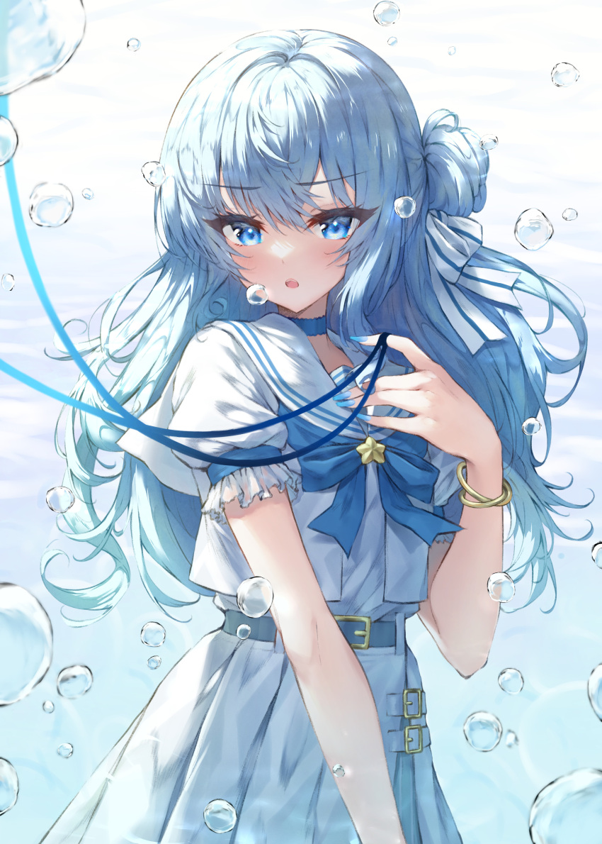 1girl absurdres bangs belt blue_bow blue_bowtie blue_choker blue_eyes blue_hair blue_nails blush bow bowtie bracelet choker eyebrows_visible_through_hair frilled_sleeves frills hair_bun hair_ribbon highres hololive hoshimachi_suisei ijac_ray jacket jewelry long_hair looking_at_viewer nail_polish parted_lips pleated_skirt ribbon sailor_collar school_uniform serafuku shirt short_sleeves skirt solo string virtual_youtuber white_jacket white_ribbon white_sailor_collar white_serafuku white_shirt white_skirt