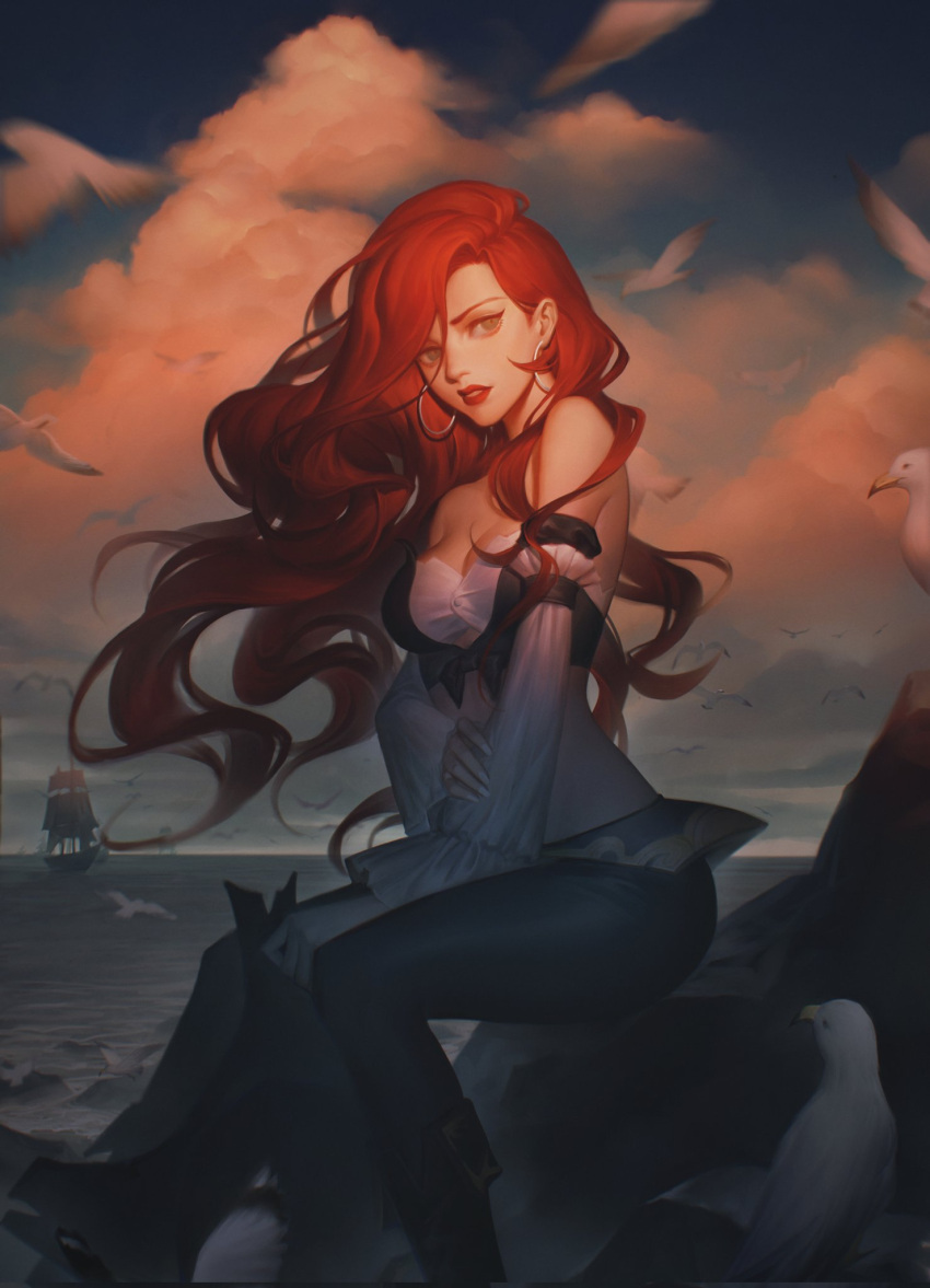 1girl animal bangs bare_shoulders bird black_footwear black_pants boots breasts cleavage cloud detached_sleeves douz_(douzdyken) earrings foot_out_of_frame highres hoop_earrings jewelry knee_boots large_breasts league_of_legends long_hair miss_fortune_(league_of_legends) ocean outdoors pants parted_lips red_eyes red_hair seagull ship sitting watercraft