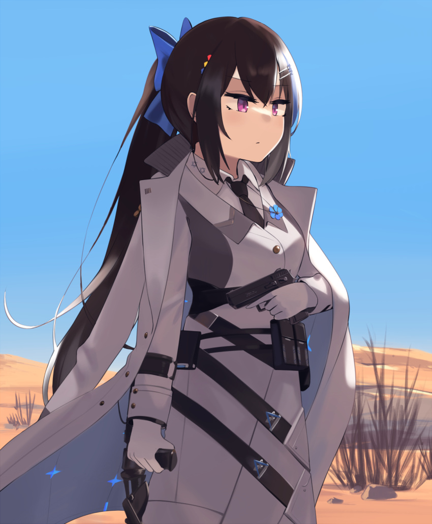 1girl bangs belt_pouch black_hair black_necktie blue_sky cane cloak day desert eyebrows_visible_through_hair flower girls'_frontline gloves gun hair_ornament hairclip handgun hexagram highres hinami047 holding holding_gun holding_weapon holster imi_jericho jacket jericho_(girls'_frontline) long_hair looking_away military military_uniform necktie pistol pouch purple_eyes scenery sky solo star_of_david uniform weapon white_cloak white_gloves white_jacket white_uniform