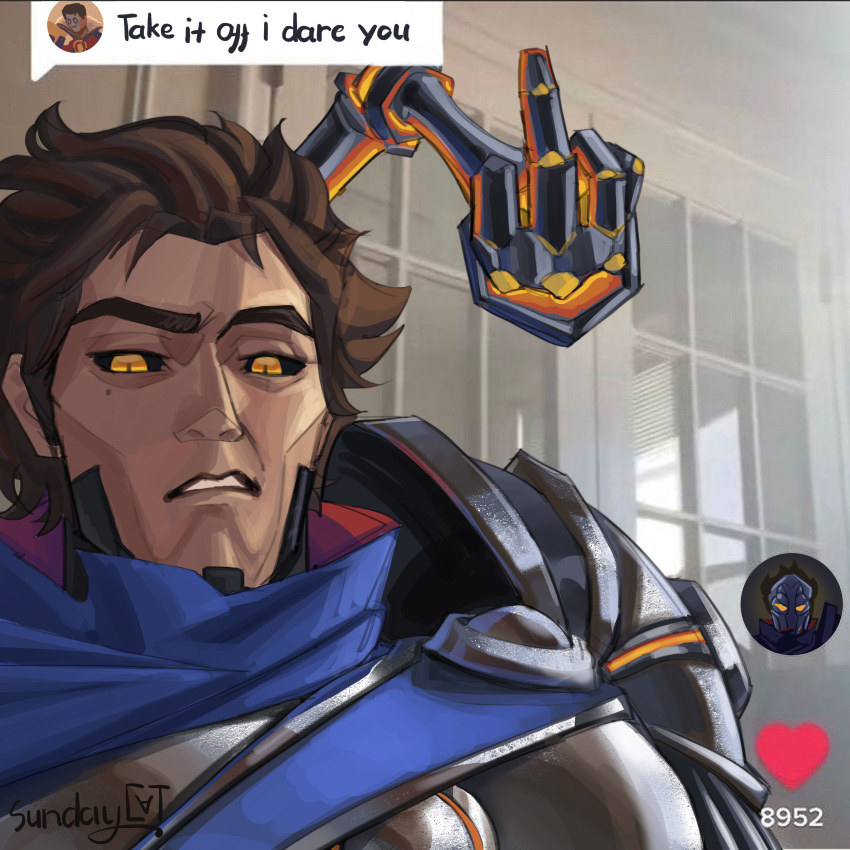 1boy absurdres armor artist_name bangs black_sclera blue_cape brown_hair cape colored_sclera cover_them_up_slut_(meme) heart highres jayce_(league_of_legends) league_of_legends looking_at_viewer male_focus mechanical_arms meme middle_finger parted_lips portrait short_hair shoulder_armor single_mechanical_arm solo sundaycat3 teeth viktor_(league_of_legends) window