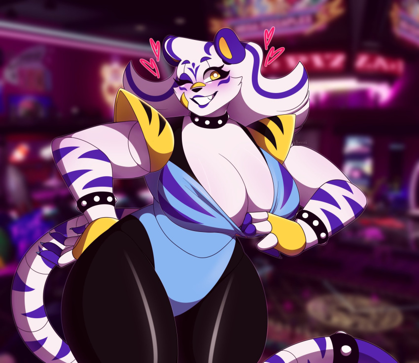 &lt;3 animatronic anthro band-aid bandage big_breasts bottomwear breasts cherrii_pop choker cleavage clothed clothing fan_character fangs felid feline female five_nights_at_freddy's five_nights_at_freddy's:_security_breach hi_res jewelry lipstick machine makeup mammal necklace one_eye_closed pantherine pants reina_(cherrii_pop) robot scottgames solo tiger video_games wink yoga_pants