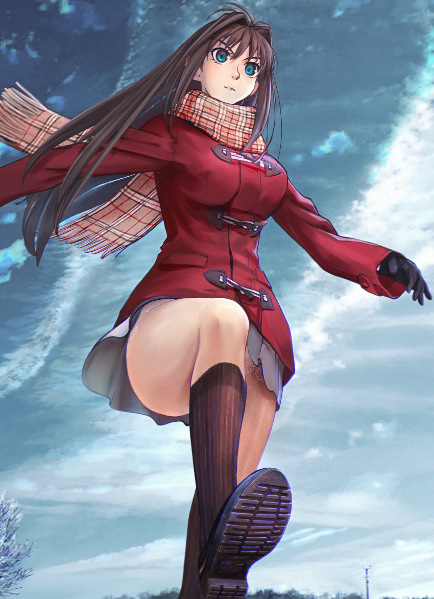 1girl absurdres antenna_hair aozaki_aoko black_gloves black_legwear blue_eyes blue_sky breasts brown_hair closed_mouth cloud commentary eyebrows_visible_through_hair gloves hair_intakes highres jacket large_breasts long_sleeves mahou_tsukai_no_yoru mameneko_2 miniskirt outdoors plaid plaid_scarf red_jacket scarf skirt sky soles solo thighs white_skirt winter winter_clothes