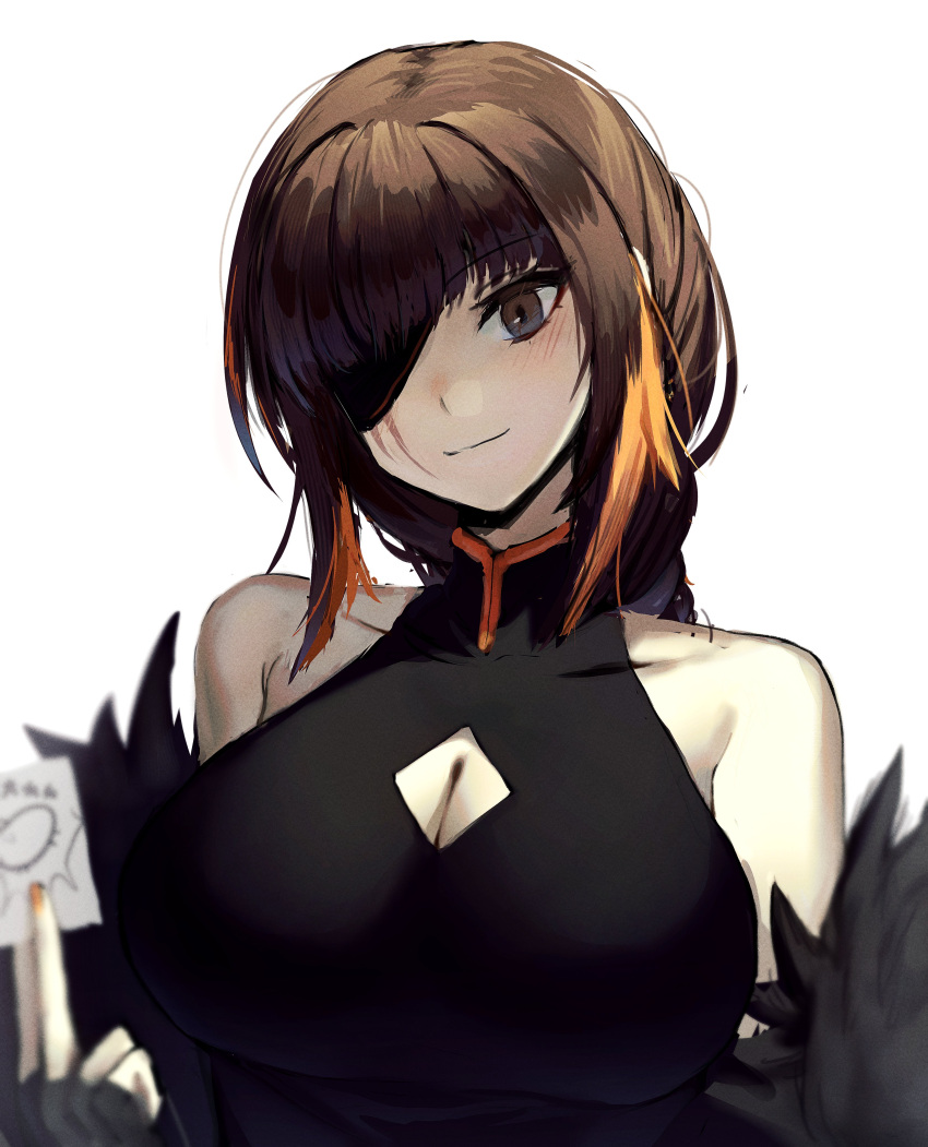 1girl absurdres alternate_costume bangs bare_shoulders black_dress black_eyes black_hair blush braid breasts china_dress chinese_clothes cleavage cleavage_cutout closed_mouth clothing_cutout dress eyebrows_visible_through_hair eyepatch girls'_frontline highres large_breasts long_hair looking_at_viewer m16a1_(girls'_frontline) multicolored_hair nail_polish orange_hair orange_nails scar scar_across_eye scar_on_face simple_background single_braid sleeveless sleeveless_dress solo upper_body xanax025