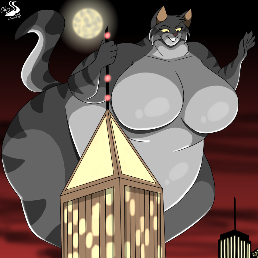 absurd_res anthro big_breasts breasts building chrisandcompany domestic_cat felid feline felis female hi_res huge_breasts macro mammal moon solo