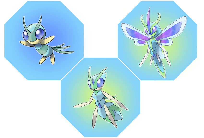 animal_focus antennae blank_eyes blue_background blue_eyes blue_hair blue_theme closed_mouth commentary english_commentary evolutionary_line fakemon fangs fangs_out floating full_body highres hyshirey long_hair multicolored_eyes no_humans official_style original outline pokemon purple_eyes standing transparent_border white_outline wings