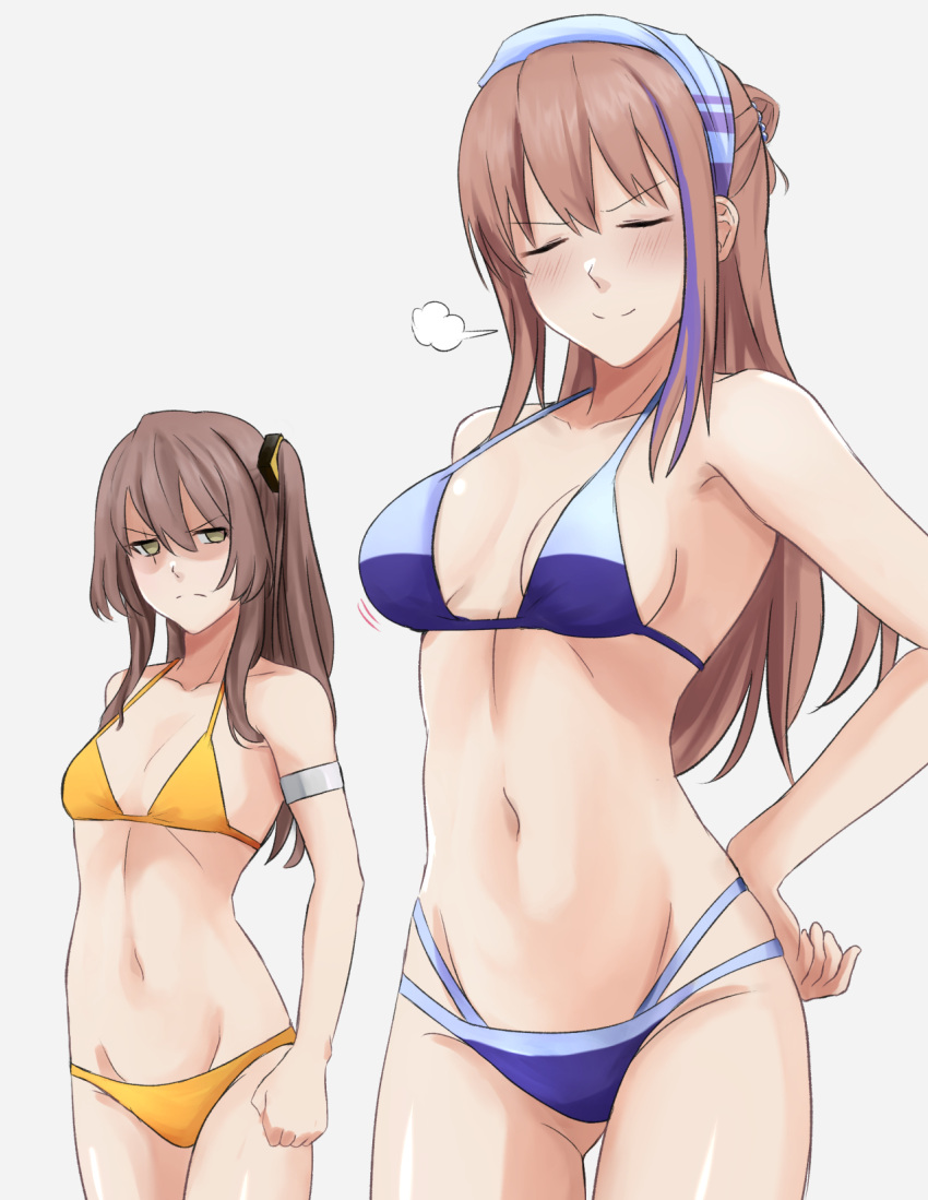 2girls alternate_costume bangs bare_shoulders bikini blue_bikini blue_swimsuit blush breast_envy breasts brown_hair closed_eyes closed_mouth collarbone cyka eyebrows_visible_through_hair feet_out_of_frame girls'_frontline hairband hand_on_hip highres light_brown_eyes long_hair looking_at_another multicolored_hair multiple_girls navel pink_hair scar scar_across_eye shading_eyes side_ponytail small_breasts smile st_ar-15_(girls'_frontline) standing swimsuit ump45_(girls'_frontline) unhappy white_background yellow_bikini yellow_swimsuit