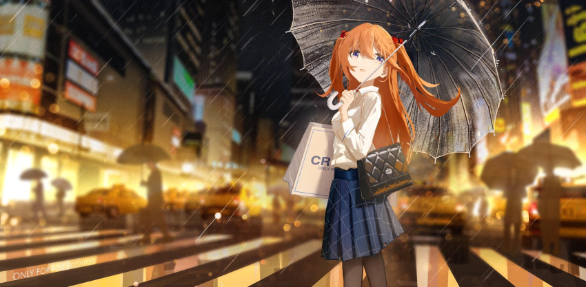 1girl bag black_legwear blue_eyes blue_skirt blurry blurry_background breasts cityscape collared_shirt cowboy_shot from_side hair_lift handbag highres holding holding_umbrella long_hair long_sleeves looking_at_viewer neon_genesis_evangelion new_year orange_hair pantyhose pleated_skirt rain shirt shopping_bag skirt solo souryuu_asuka_langley taxi times_square twintails umbrella water_drop white_shirt wind wind_lift ya_yan