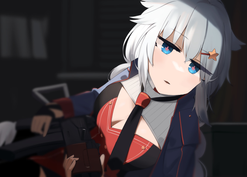 1girl assault_rifle bangs black_necktie blue_eyes blue_jacket breasts cleavage dress eyebrows_visible_through_hair flower-shaped_pupils girls'_frontline gun hair_ornament hairclip highres hinami047 holding holding_gun holding_weapon jacket long_hair looking_at_viewer medium_breasts necktie open_mouth ots-12 ots-12_(girls'_frontline) red_dress rifle silver_hair simple_background sitting solo star_(symbol) star_hair_ornament symbol-shaped_pupils weapon
