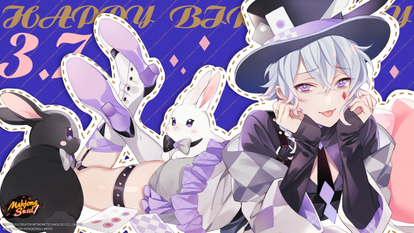 1boy animal boots bow bowtie bunny card copyright copyright_name diamond_(shape) facial_hair hair_between_eyes happy_birthday hat high_heel_boots high_heels highres jewelry logo looking_at_viewer lying mahjong_soul male_focus necktie official_art on_stomach osanai_mei_(artist) playing_card purple_eyes purple_nails ring ryan_(mahjong_soul) silver_hair tongue tongue_out top_hat white_footwear yostar
